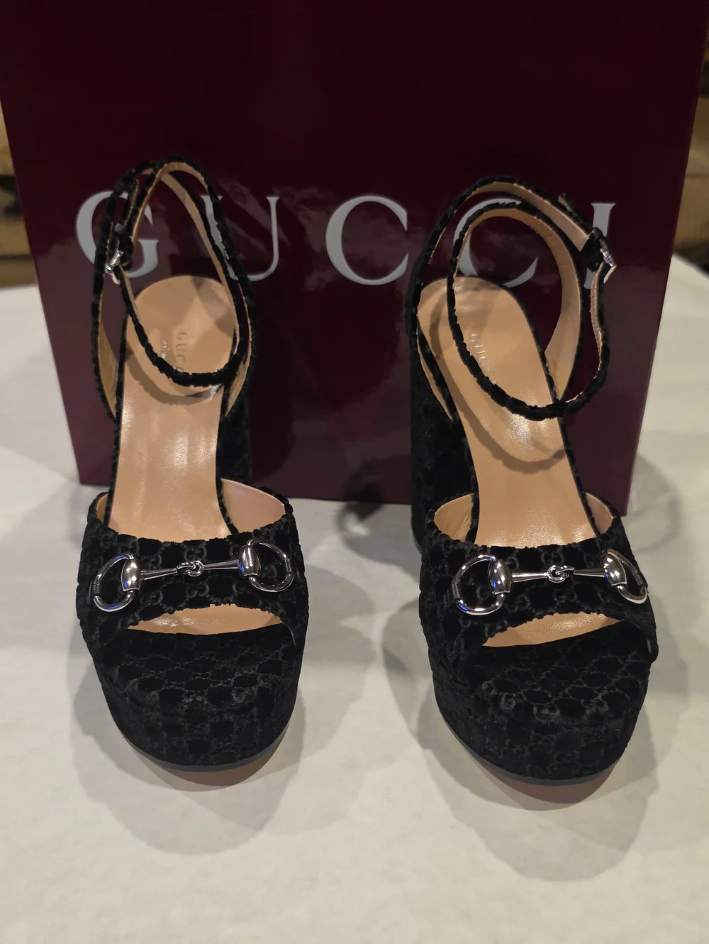 Gucci Black Velvet Platform Sandals with Silver Horsebit